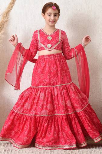 Girls pink tiered lehenga choli set with dupatta 