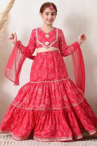 Girls pink tiered lehenga choli set with dupatta 
