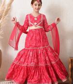 Girls pink tiered lehenga choli set with dupatta 
