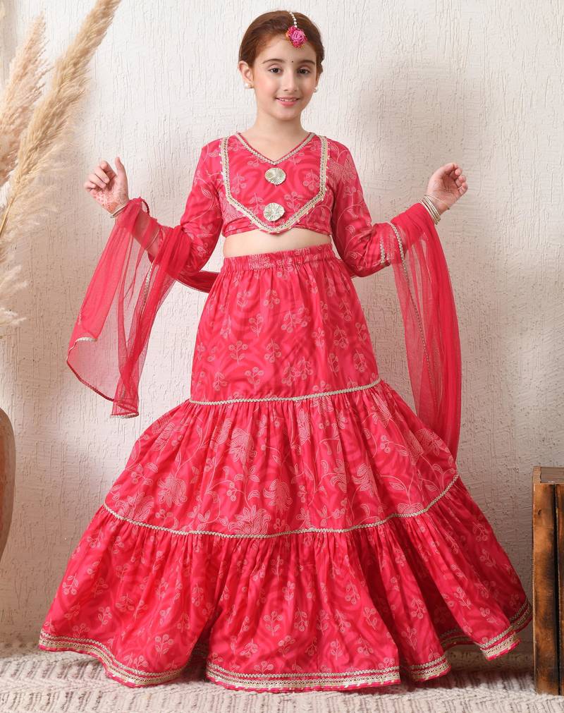 Girls pink tiered lehenga choli set with dupatta 