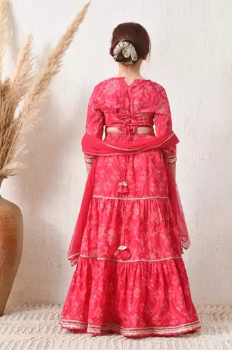 Girls pink tiered lehenga choli set with dupatta 