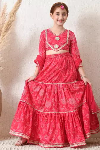 Girls pink tiered lehenga choli set with dupatta 