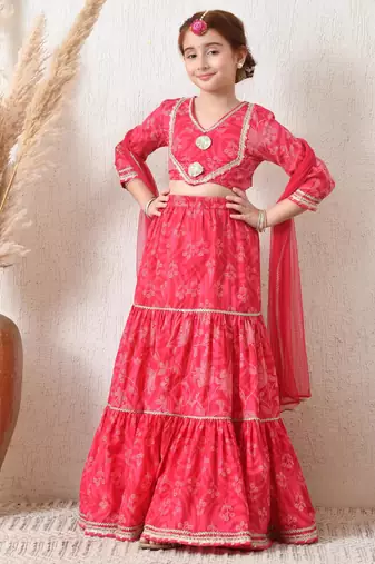 Girls pink tiered lehenga choli set with dupatta 