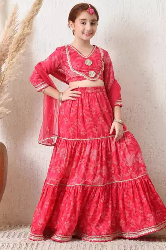 Girls pink tiered lehenga choli set with dupatta 