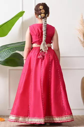 Girls rani pink embroidered lehenga choli set with dupatta