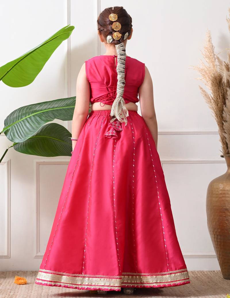 Girls rani pink embroidered lehenga choli set with dupatta