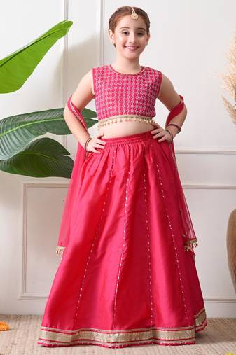 Girls rani pink embroidered lehenga choli set with dupatta