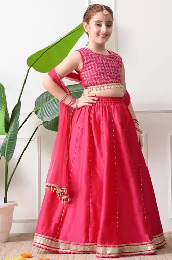 Girls rani pink embroidered lehenga choli set with dupatta