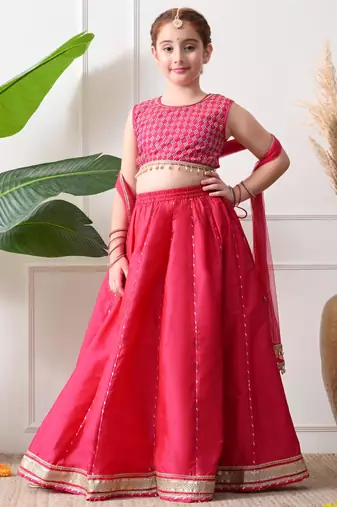 Girls rani pink embroidered lehenga choli set with dupatta