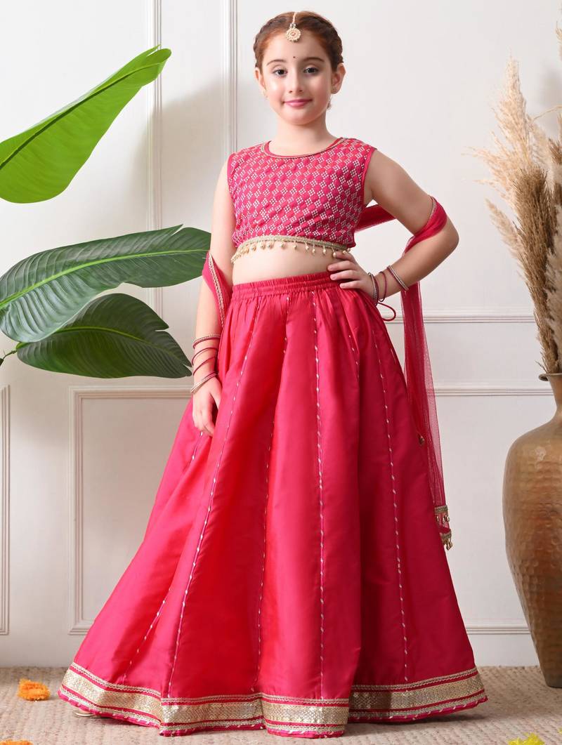 Girls rani pink embroidered lehenga choli set with dupatta