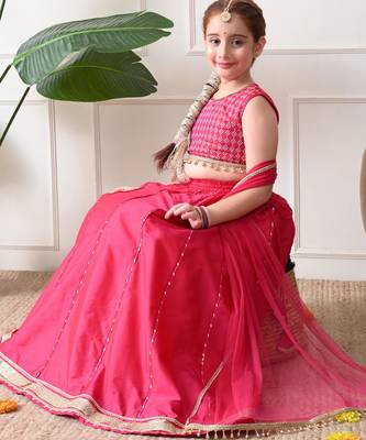 Girls rani pink embroidered lehenga choli set with dupatta 5