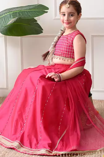 Girls rani pink embroidered lehenga choli set with dupatta