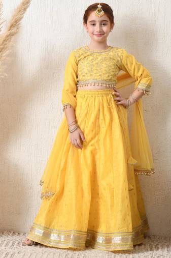 Girls yellow embroidered lehenga choli set with net dupatta