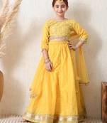 Girls yellow embroidered lehenga choli set with net dupatta