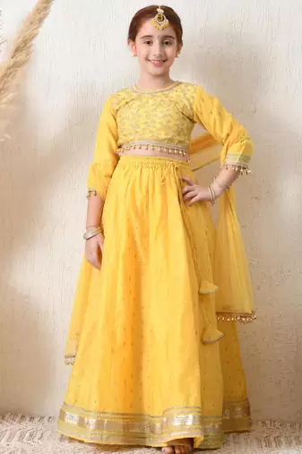 Girls yellow embroidered lehenga choli set with net dupatta