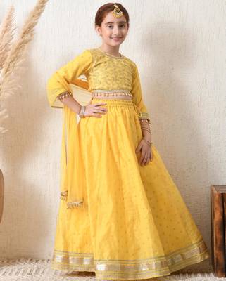 Girls yellow embroidered lehenga choli set with net dupatta 3