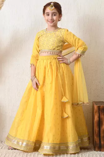 Girls yellow embroidered lehenga choli set with net dupatta