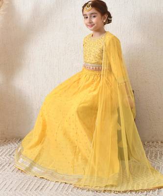 Girls yellow embroidered lehenga choli set with net dupatta 5