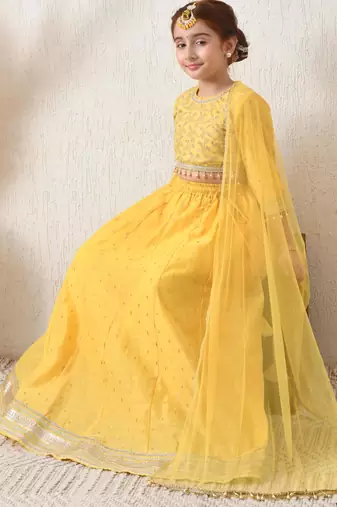 Girls yellow embroidered lehenga choli set with net dupatta