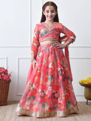 Girls coral floral printed lehenga choli set with net dupatta 1