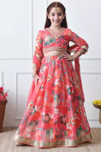 Girls coral floral printed lehenga choli set with net dupatta
