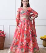 Girls coral floral printed lehenga choli set with net dupatta