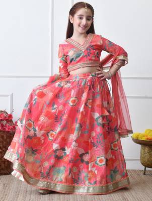 Girls coral floral printed lehenga choli set with net dupatta 2