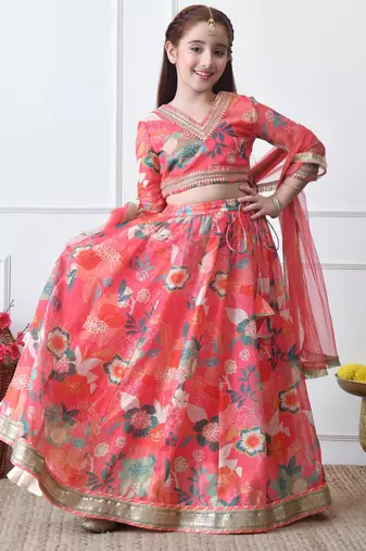 Girls coral floral printed lehenga choli set with net dupatta