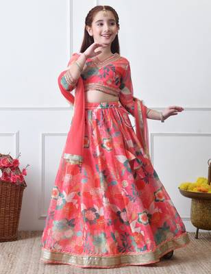 Girls coral floral printed lehenga choli set with net dupatta 3