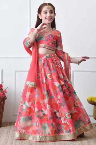 Girls coral floral printed lehenga choli set with net dupatta