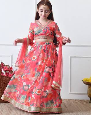 Girls coral floral printed lehenga choli set with net dupatta 4