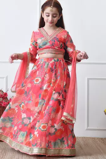 Girls coral floral printed lehenga choli set with net dupatta