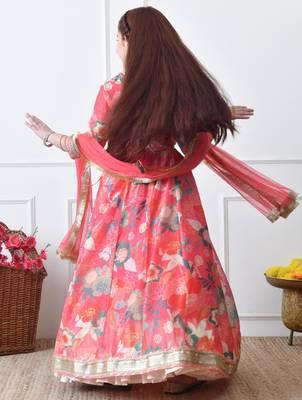 Girls coral floral printed lehenga choli set with net dupatta 5