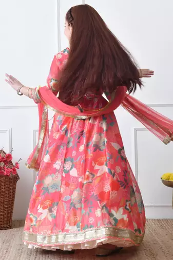 Girls coral floral printed lehenga choli set with net dupatta