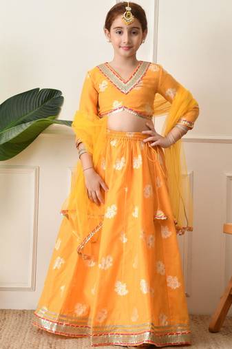 Girls mustard yellow embroidered lehenga choli set with net dupatta