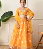 Girls mustard yellow embroidered lehenga choli set with net dupatta