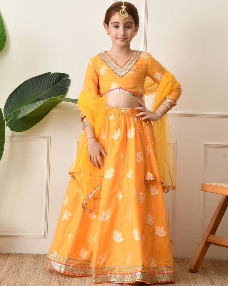 Girls mustard yellow embroidered lehenga choli set with net dupatta