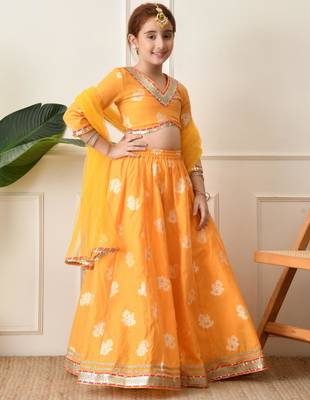 Girls mustard yellow embroidered lehenga choli set with net dupatta 2