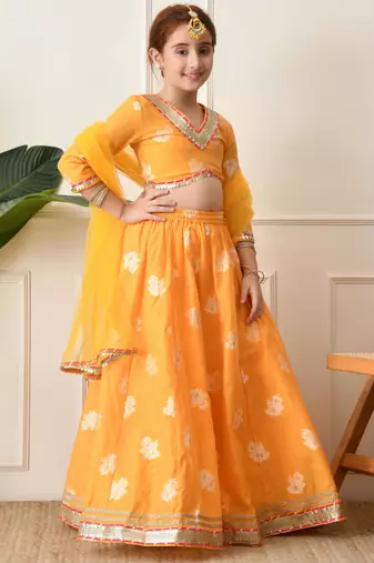 Girls mustard yellow embroidered lehenga choli set with net dupatta