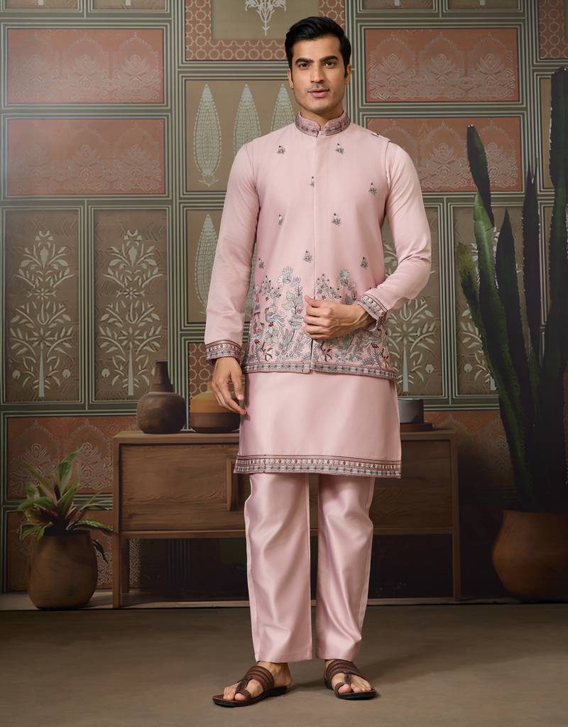 Pink silk premium thread & sequins embroidered work wedding festival party wear straight kurta with jacke and pant