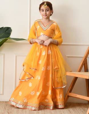 Girls mustard yellow embroidered lehenga choli set with net dupatta 4