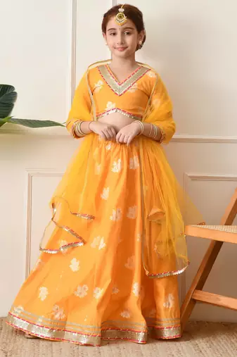 Girls mustard yellow embroidered lehenga choli set with net dupatta