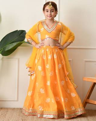 Girls mustard yellow embroidered lehenga choli set with net dupatta 5