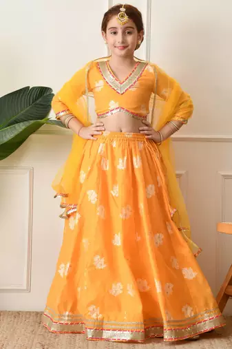 Girls mustard yellow embroidered lehenga choli set with net dupatta