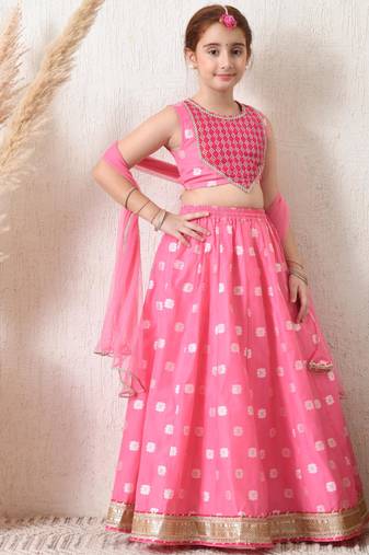 Girls pretty pink embroidered lehenga choli set with net dupatta