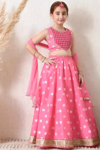 Girls pretty pink embroidered lehenga choli set with net dupatta