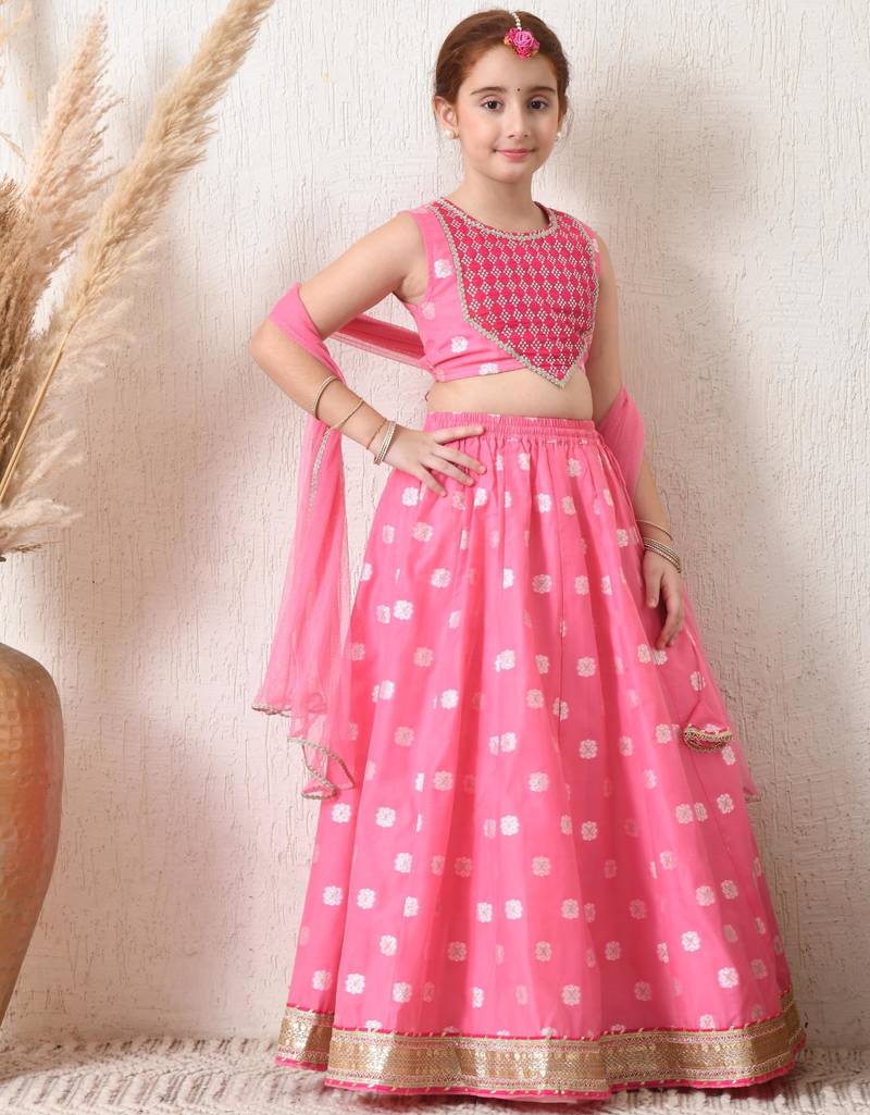 Girls pretty pink embroidered lehenga choli set with net dupatta