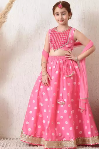 Girls pretty pink embroidered lehenga choli set with net dupatta