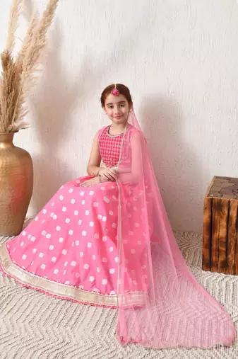 Girls pretty pink embroidered lehenga choli set with net dupatta