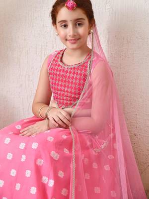 Girls pretty pink embroidered lehenga choli set with net dupatta 4